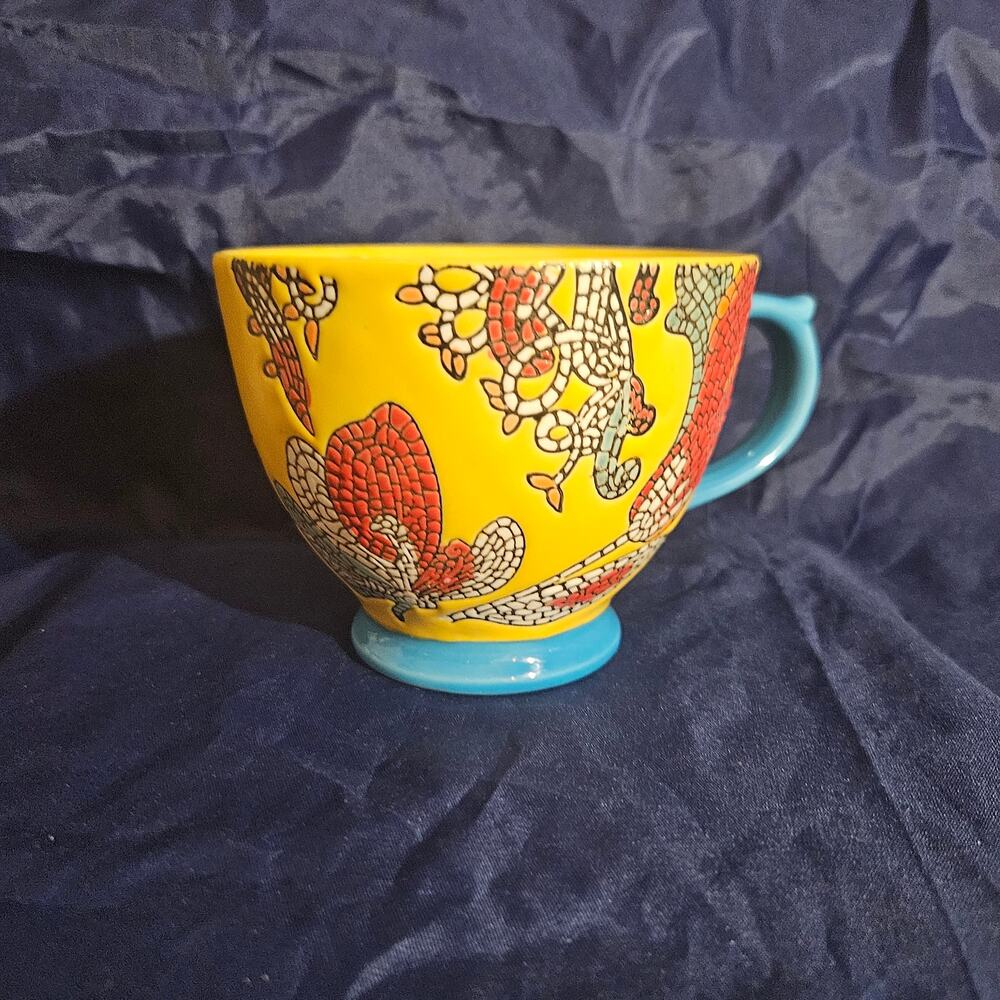 World Market Large Coffee Mug, Mosaic Floral. Colorful matte Yellow Hand Pained